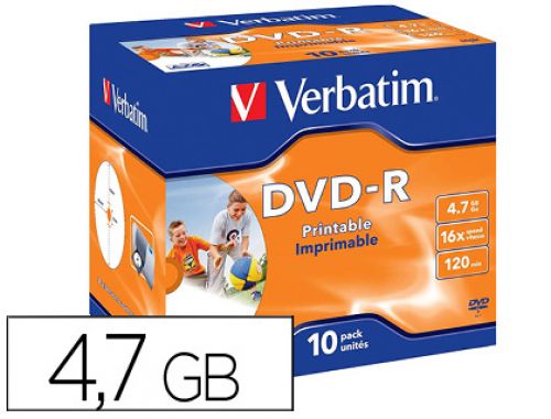 Dvd-r verbatim imprimivel capacidade 4.7gb velocidade 16x 120 min pack de 10 unidades , VERBATIM , 155624 , 0023942435211